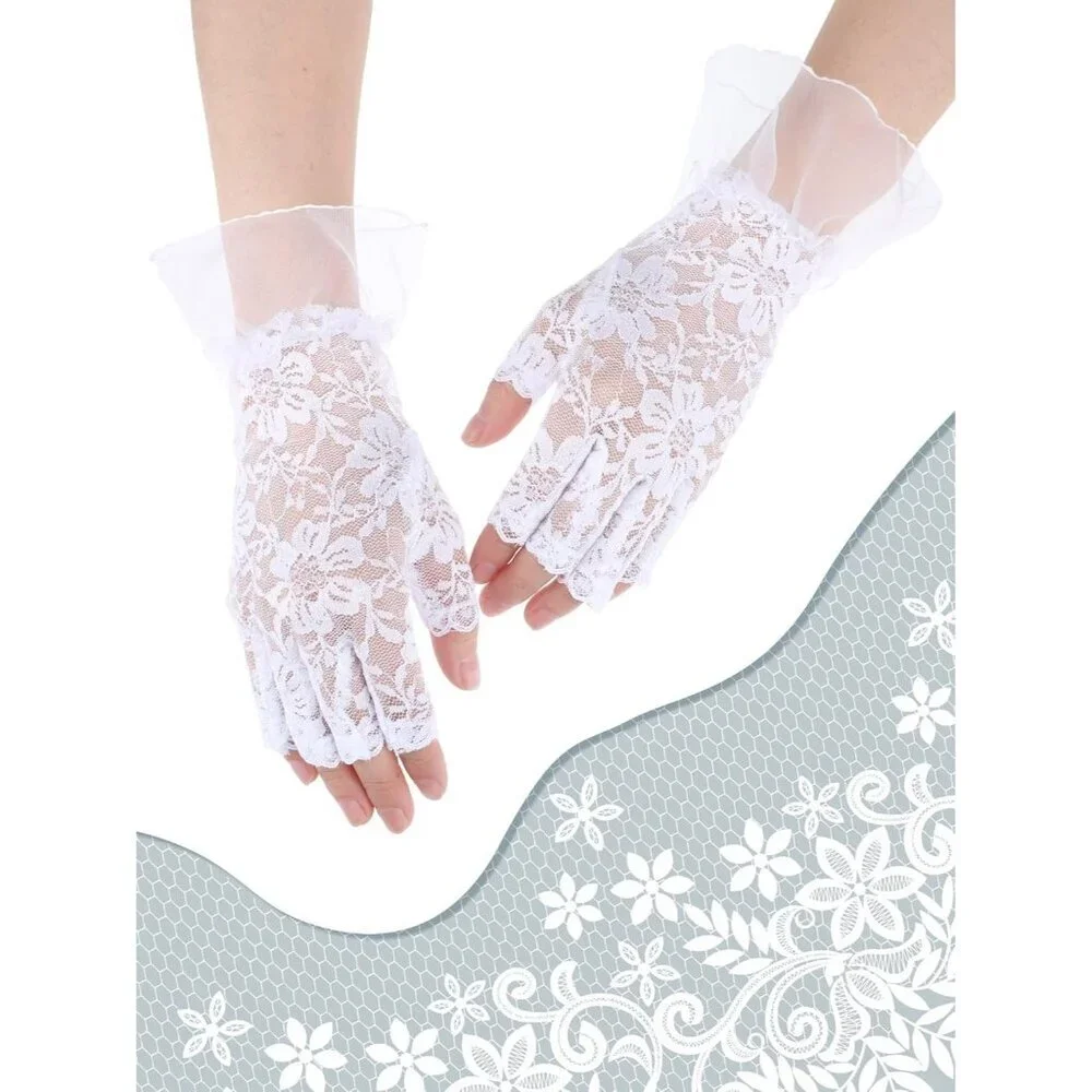 Women's White Lace Short Floral Halloween Cosplay Dress Up Costume Gloves